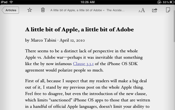Screenshot of an article in the Instapaper iPad app