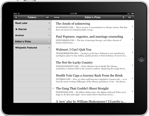 Screenshot of the Instapaper iPad home screen